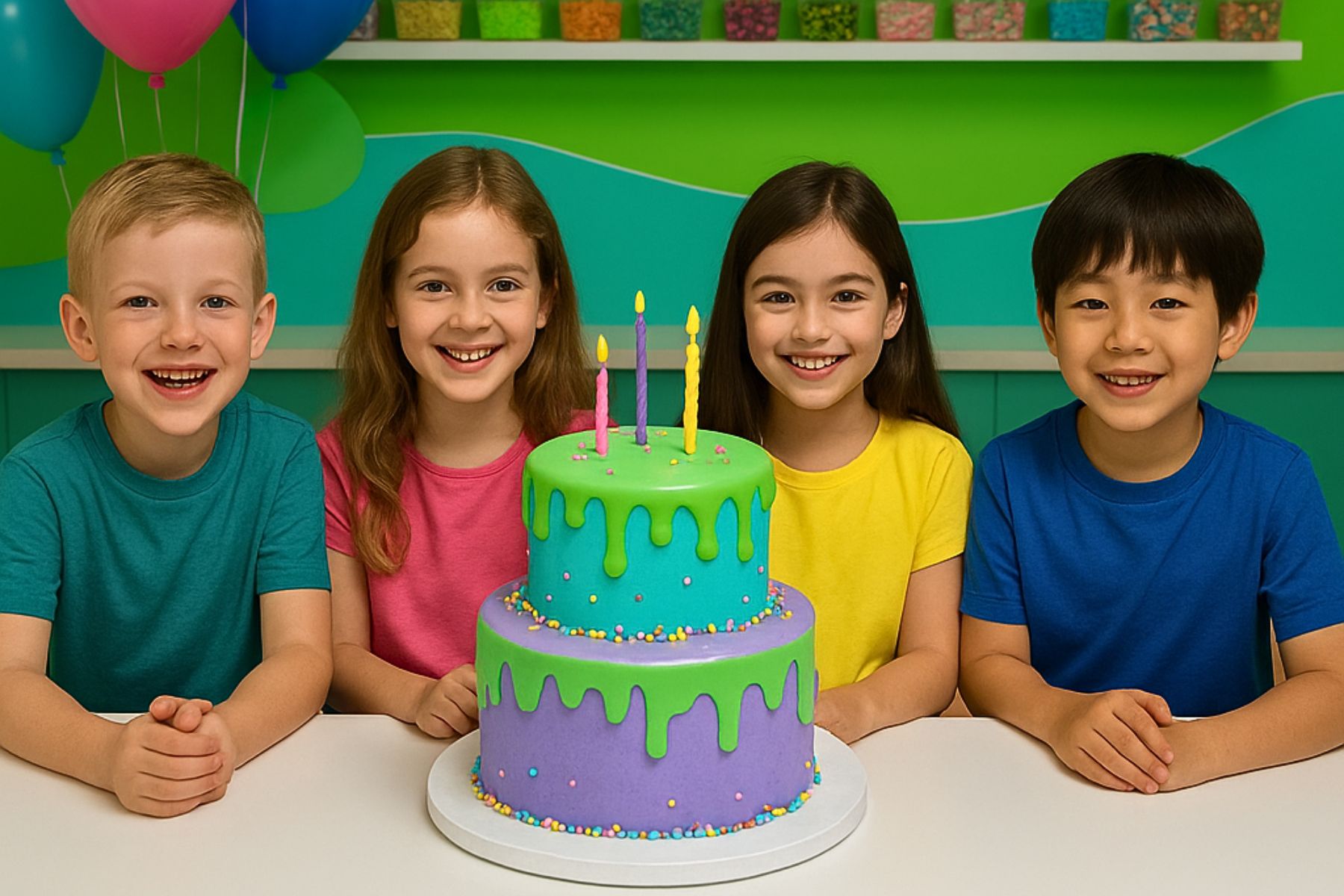 Kids celebrating with slime & ceramic painting