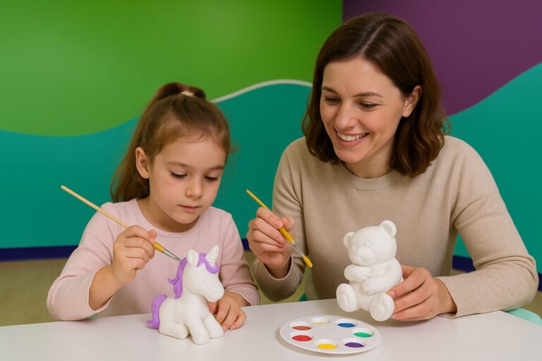 Mom and daughter painting ceramic figurines at Funtastik Labs
