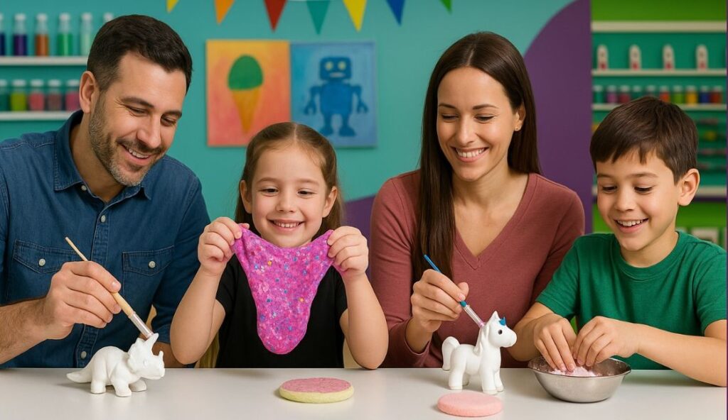 A family enjoying Slime making and painting at Funtastik Labs in Houston