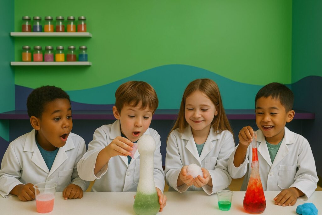 kids experimenting in a lab at a science birthday party in Houston