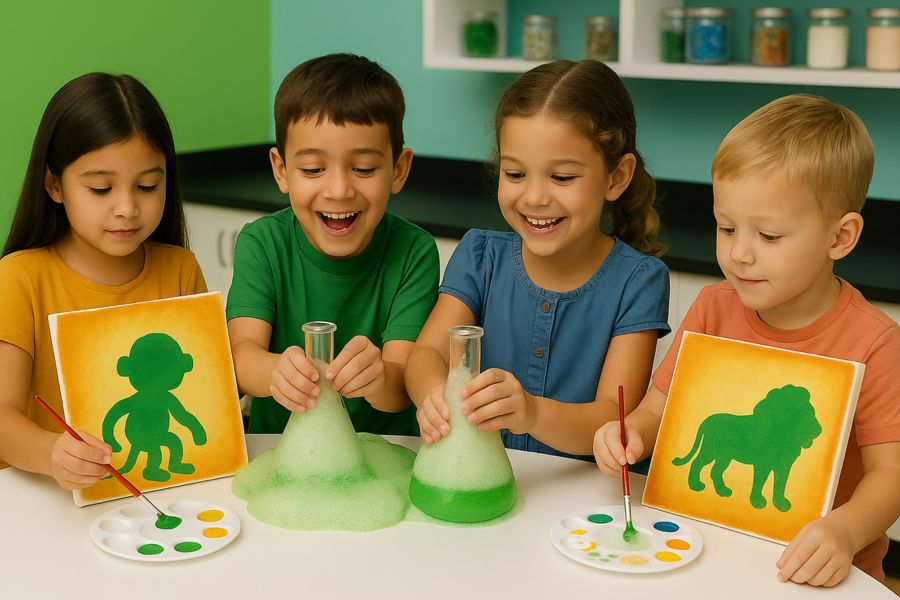 Children doing animal-themed canvas painting and science experiments at a kids birthday party at Funtastik Labs in Houston, Katy, and Sugar Land