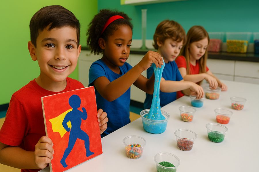 Kids enjoying a superhero-themed birthday party at Funtastik Labs with slime making and superhero canvas painting — fun boys and girls birthday party idea in Houston, Katy, and Sugar Land