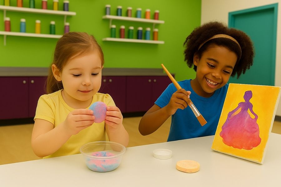 Kids enjoying a Princess-themed birthday party with bath bomb making and canvas painting at Funtastik Labs