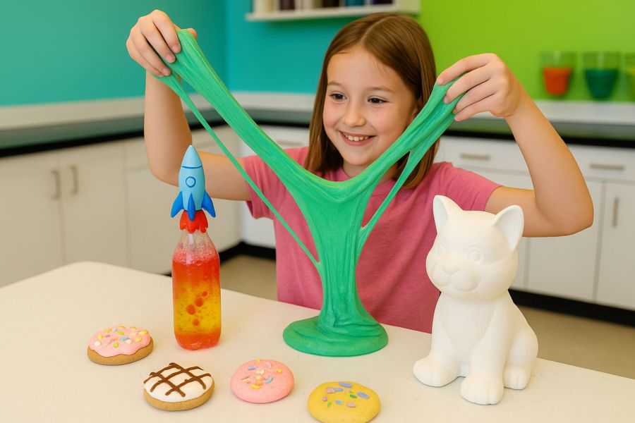 Child exploring fun kids activities at Funtastik Labs in Katy — making slime, clay cookies, and a science lava lamp with rocket topper