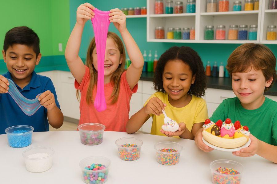Kids making colorful slime and clay sundae creations at Funtastik Labs' summer camp in Katy