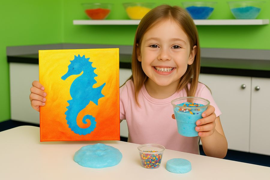 Child enjoying an Under the Sea birthday party at Funtastik Labs with seahorse canvas painting and ocean-themed slime