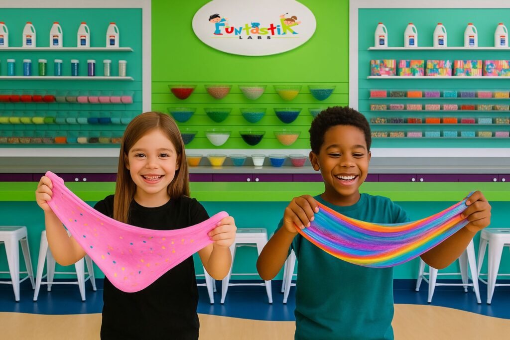 Place for kids to experiment, make slime & paint ceramics and canvas