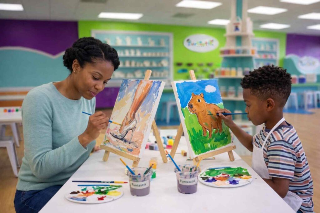 Mom and Son enjoying art creative time at Funtastik Labs