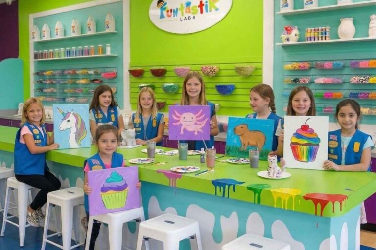 Scout troop outing at Funtastik Labs with slime, science, and painting activities