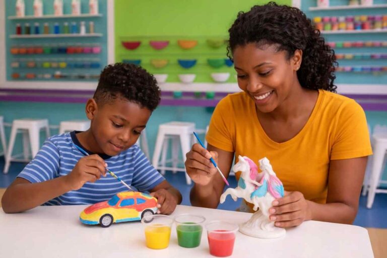 Mom and Son Painting Pottery Style Ceramic Figurines at Funtastik Labs